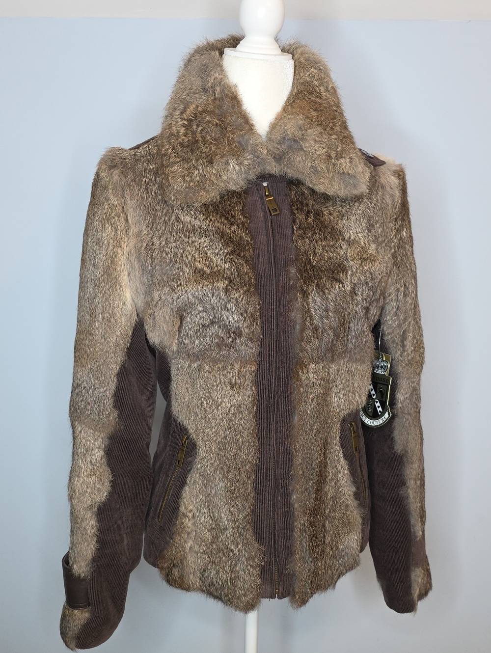 Juicy Couture Brown Rabbit Fur With Courdroy Trim Zip Up Jacket